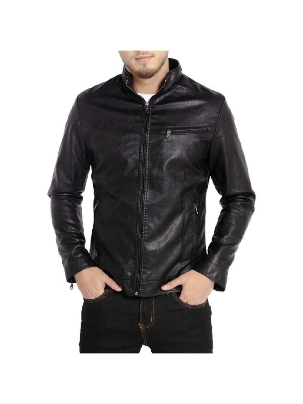 Brand New Men's Black Leather Stand Collar Moto Biker Zip Faux Jacket